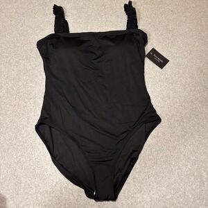 Kate Spade Square Neck One Piece Swimsuit Black Ruffle Straps Women's L NWT